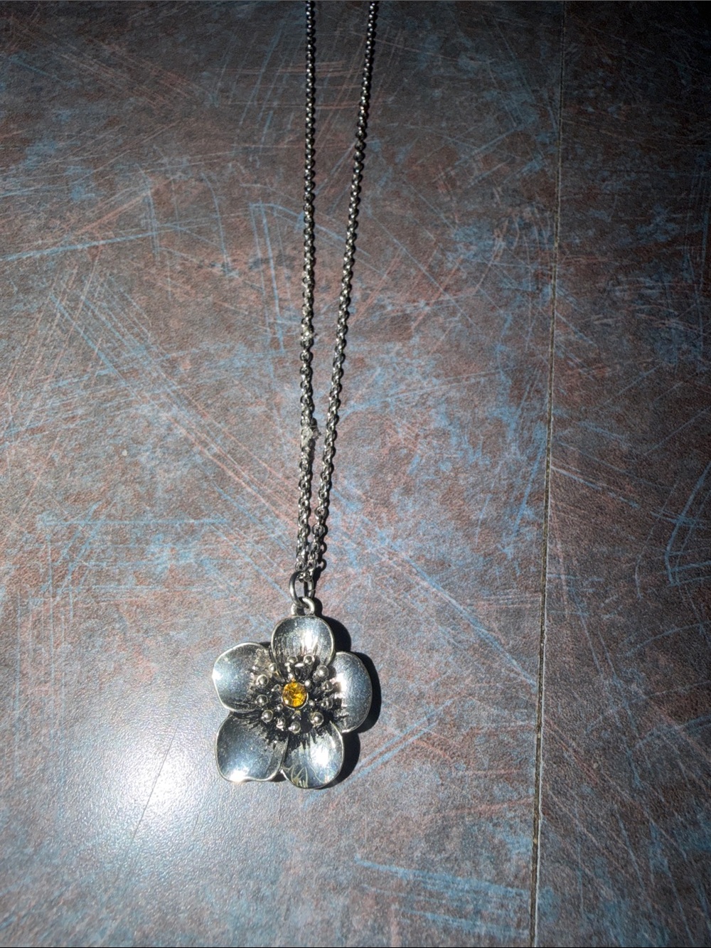 Silver Flower Pendant Necklace with Yellow Accent